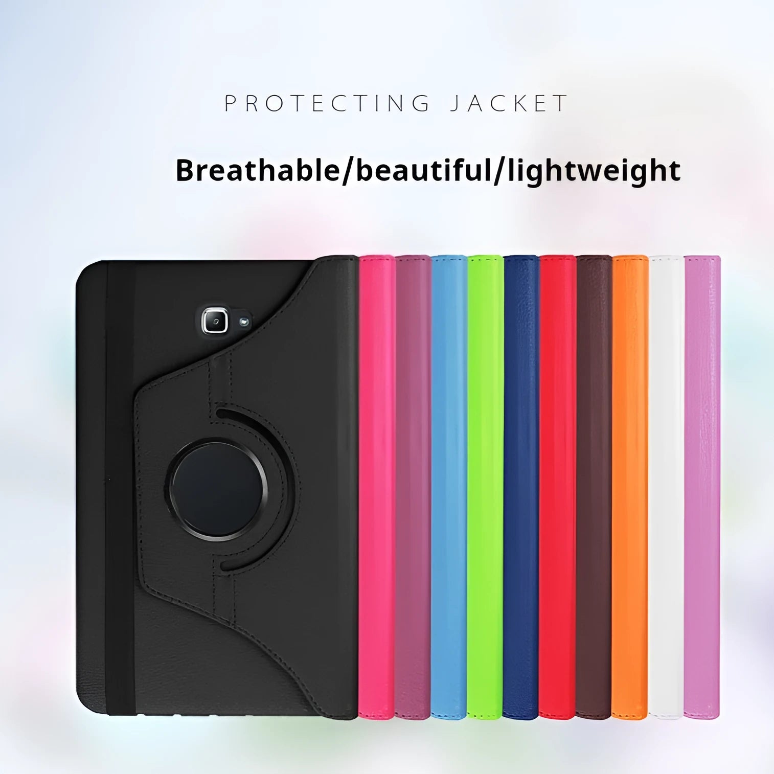 Rotating leather tablet case in clamshell design for iPad 1, shown in multiple colour options.