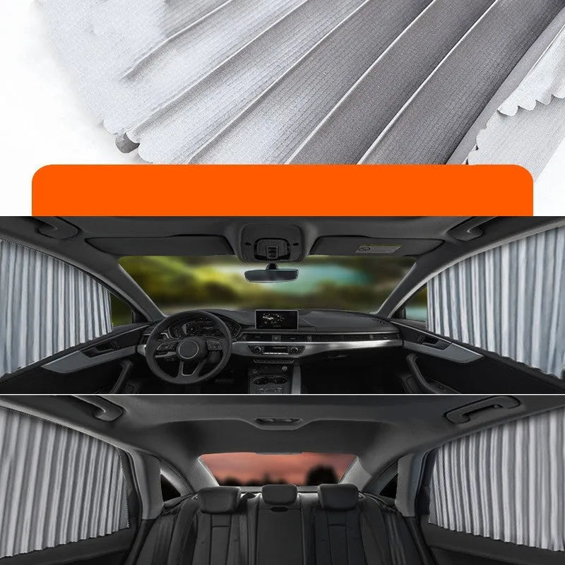 Auto retractable car sun curtain in black colour showing roller shutter mechanism