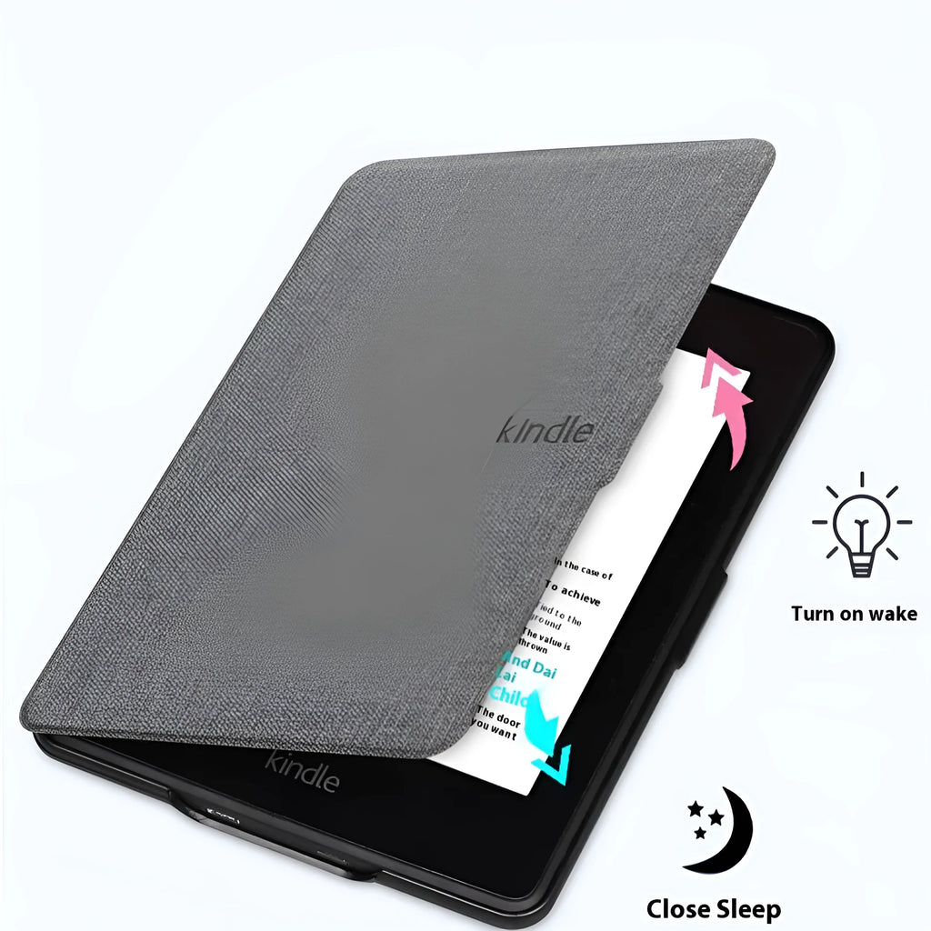 Linen leather style plastic protective case for Kindle Paperwhite with magnetic closure.