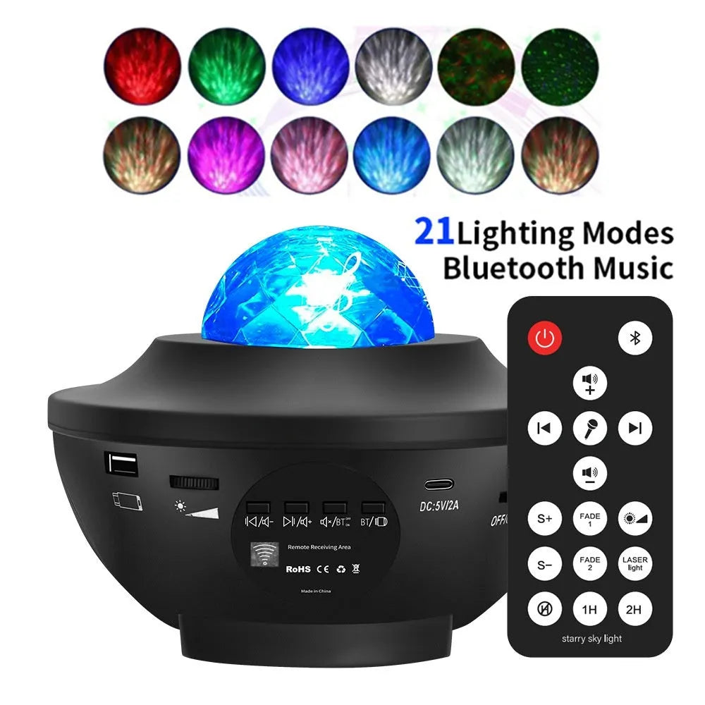 Black parallel style starry sky projection lamp with Bluetooth and rotating water ripple laser effects on a desktop.