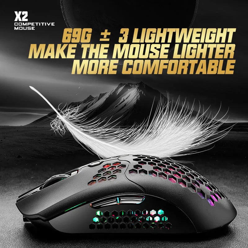 Wireless gaming mouse with RGB lighting in black, green, pink, white, and yellow colour options showing dual-mode connectivity