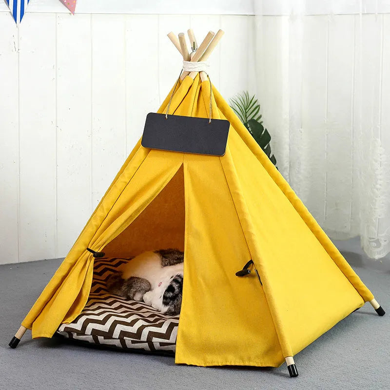 Striped linen pet teepee tent bed with cushion for a small dog or cat indoors