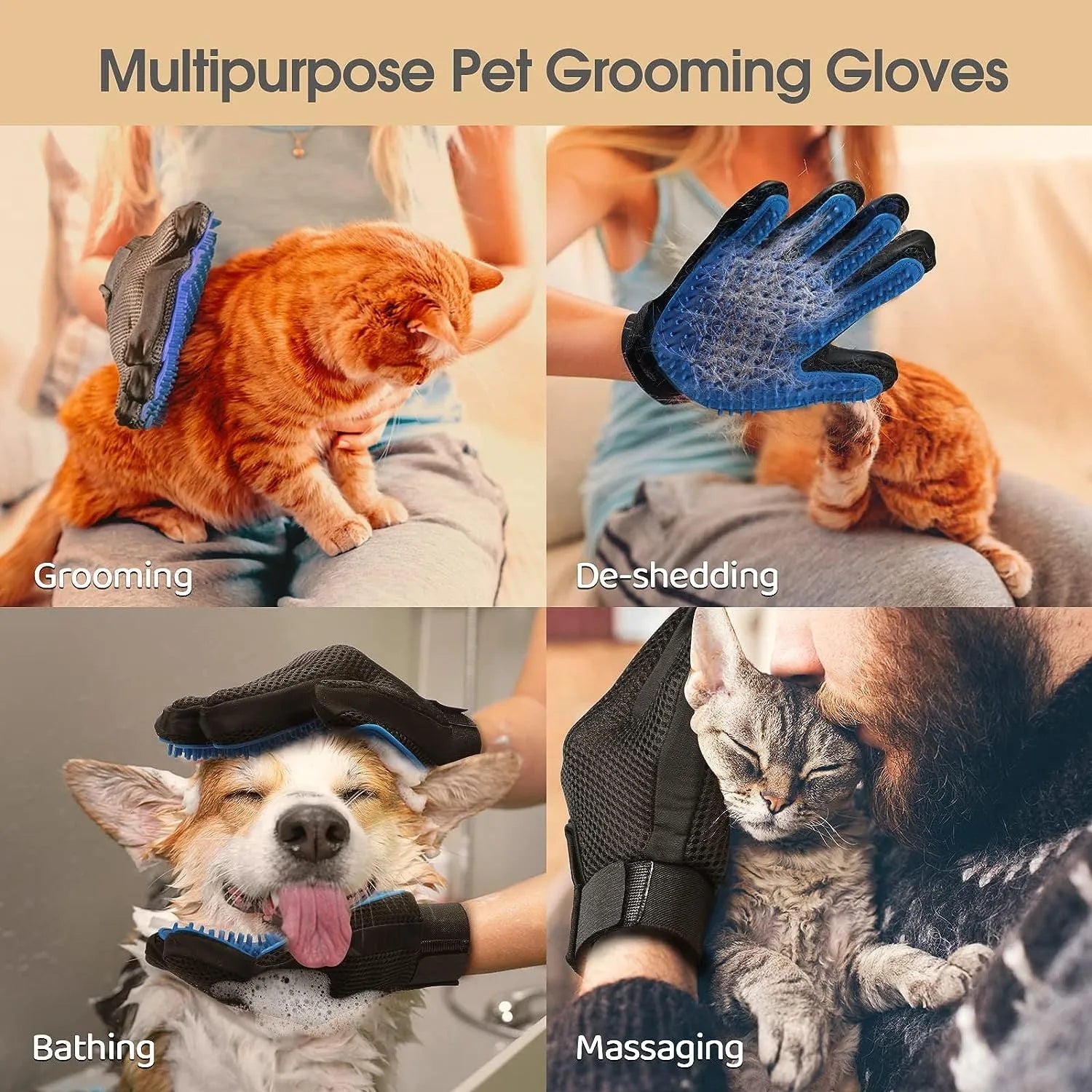 Blue pet grooming gloves with silicone tips for removing hair from dogs cats horses