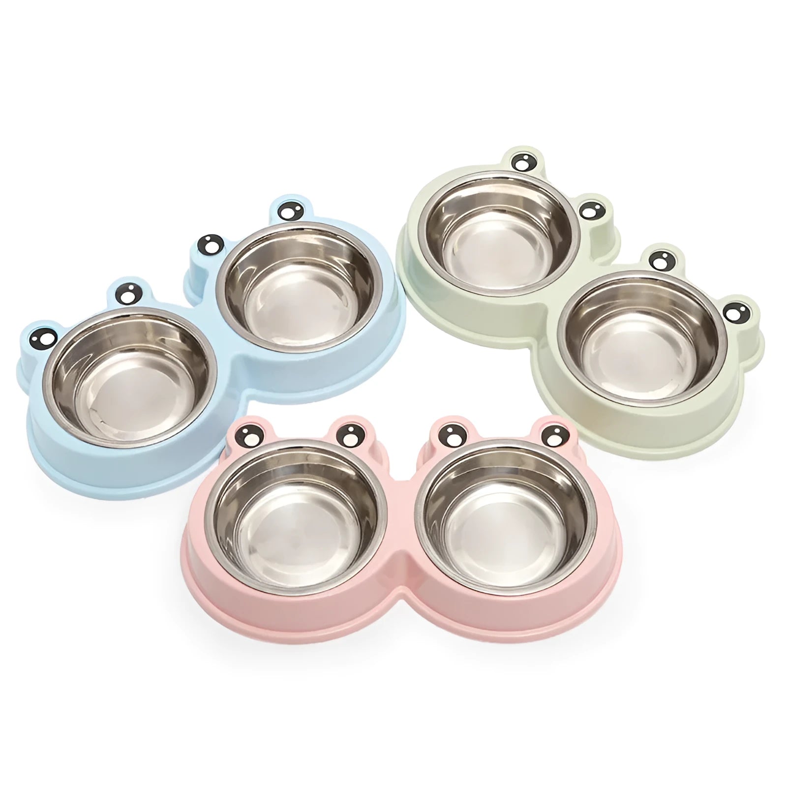 A stainless steel pet bowl with two compartments for water and food, shown in blue.