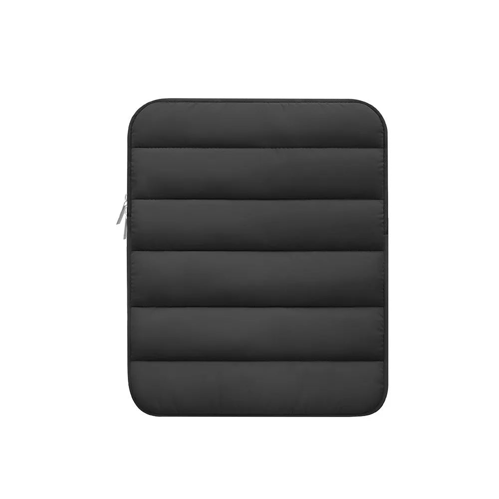 Fluffy puff bag laptop sleeve for 9.7-11 inch devices in black, khaki, or silver with elastic sides.