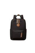 Black Oxford cloth backpack with curved shoulder straps for school and travel use
