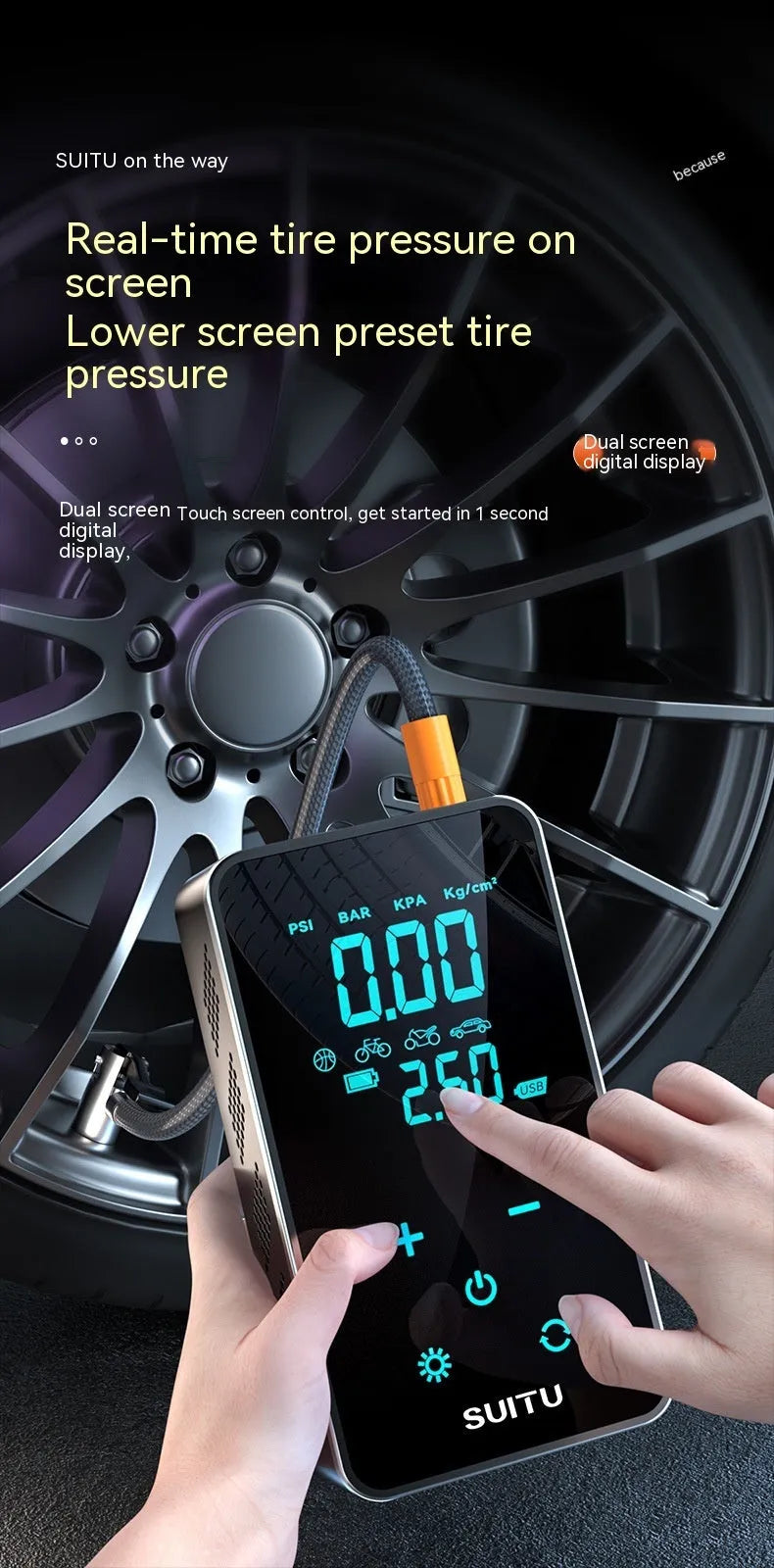 Compact black wireless car tyre inflator with LCD screen, air hose, and set of nozzles on a cloth bag.