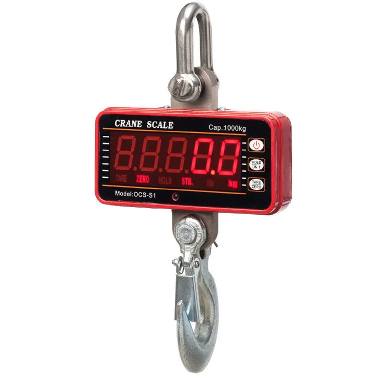 Orange electronic crane scale with direct digital display rated for 500kg load in warehouse