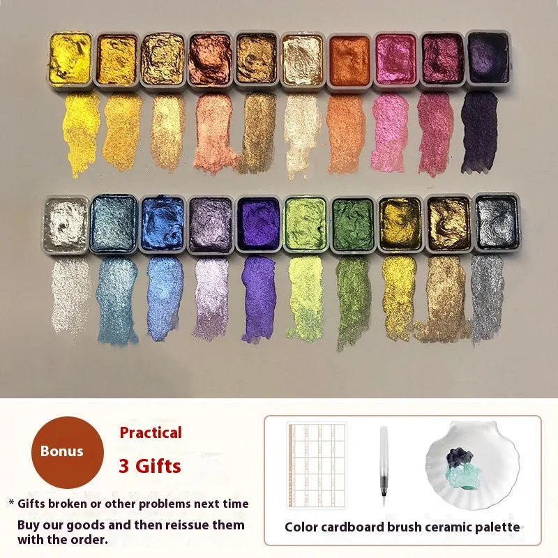 Traditional Chinese painting watercolour set with mineral pearlescent pigments including metallic gold paints