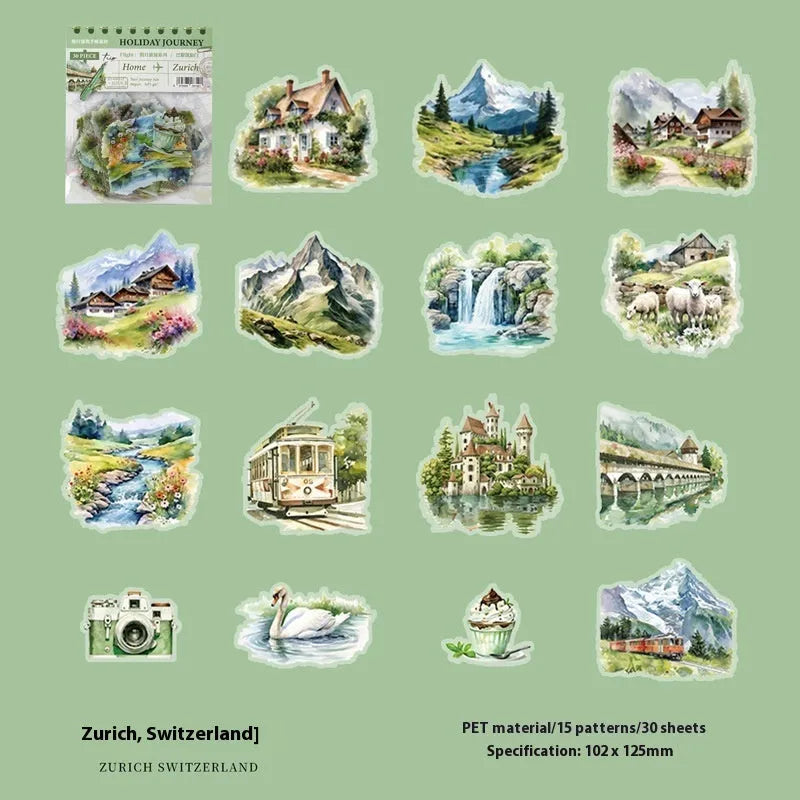 Retro architecture journal stickers showing Paris, London, Maldives, Zurich, Rome and Bangkok landmarks