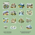 Retro architecture journal stickers showing Paris, London, Maldives, Zurich, Rome and Bangkok landmarks
