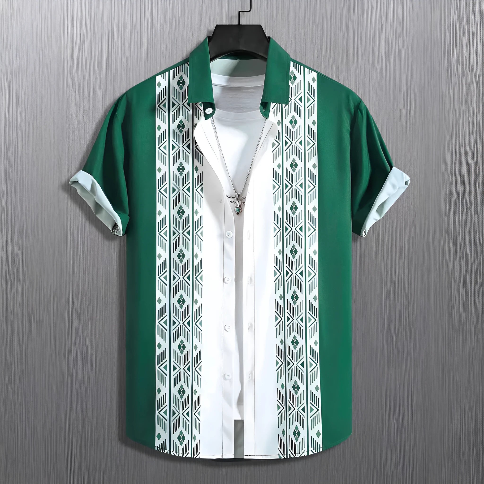 Men's loose fit plaid shirt with lapel cardigan style in contrast colours with short sleeves