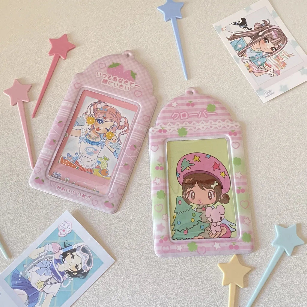 Cartoon plaid strawberry design PVC card holder pendant for lanyards, measuring 7.6 by 13.6 centimetres.