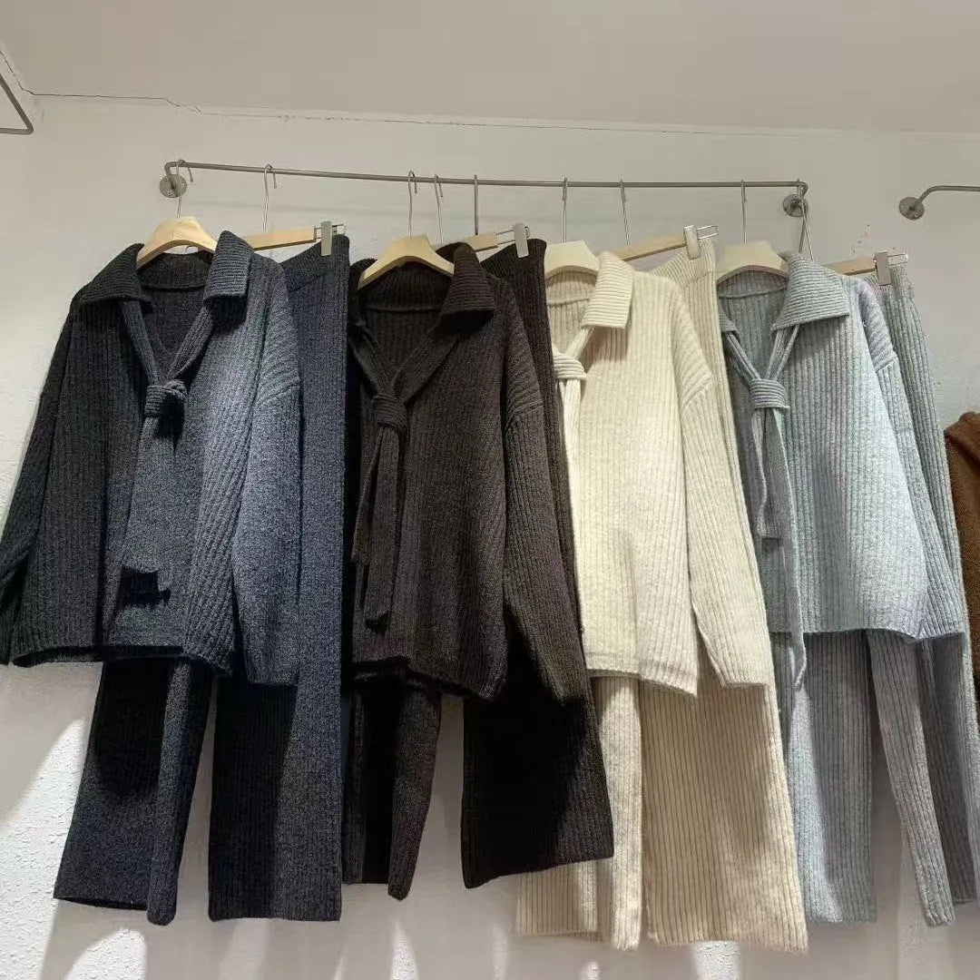 Acrylic fibre knit two-piece set with long sleeves in beige, dark coffee, dark grey or grey