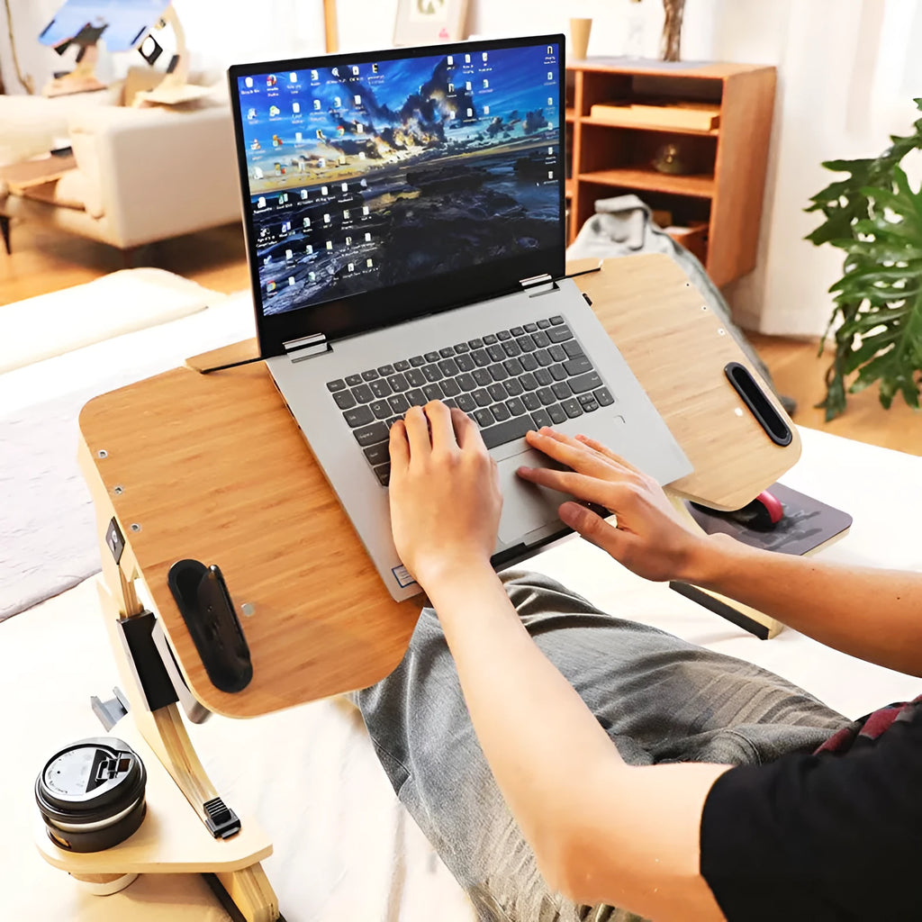 Wooden folding computer desk on bed with adjustable angle in white maple colour