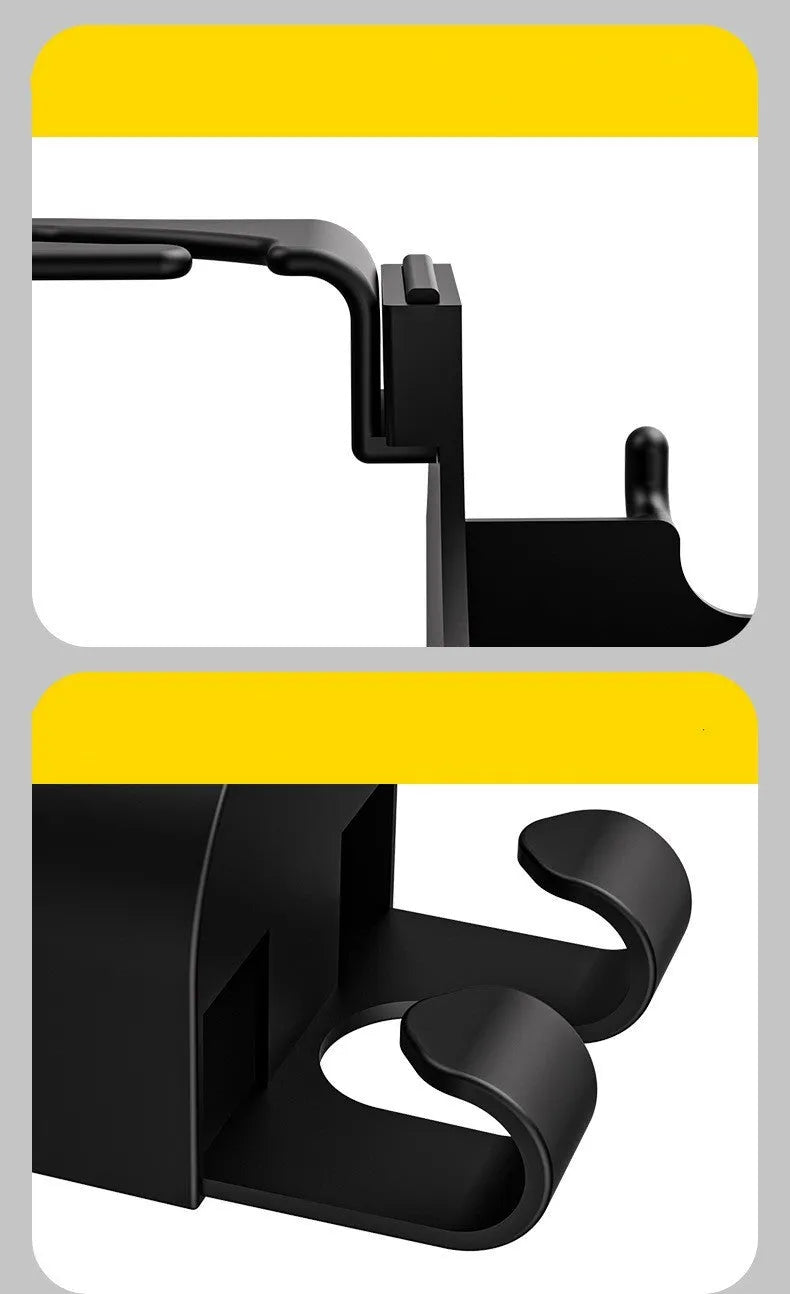 Black plastic car seat back organiser with cup holder and hanging hooks mounted on vehicle headrest