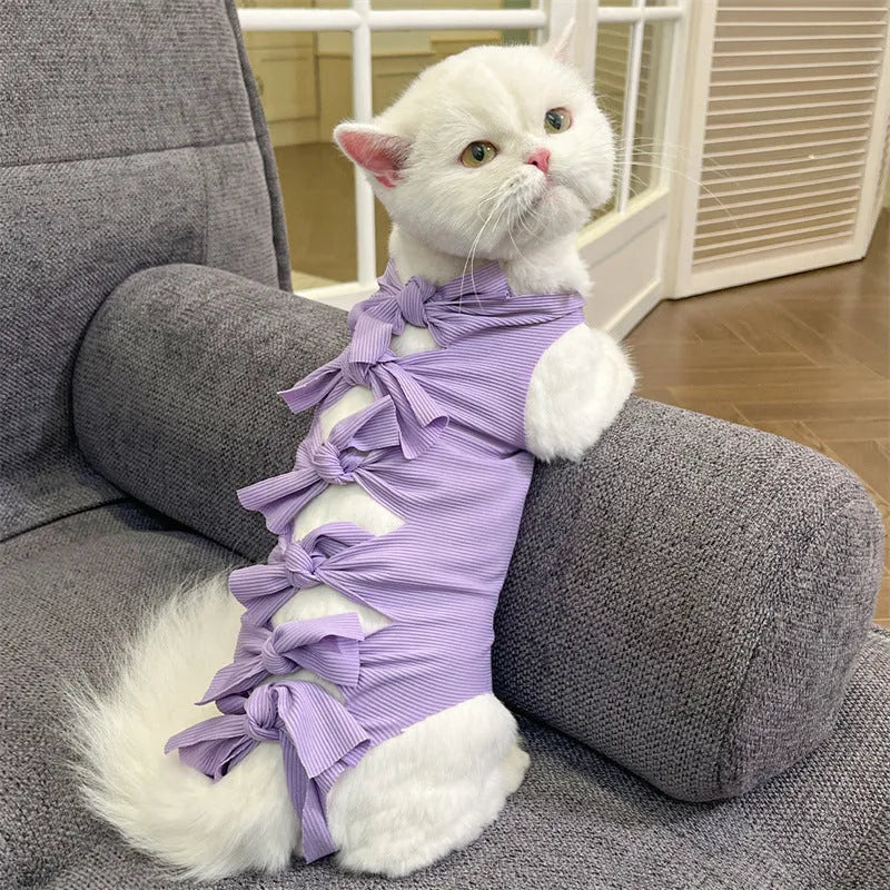 Lace-up polyester cat sterilisation recovery clothing in pink, purple, blue, brown and green pineapple colours