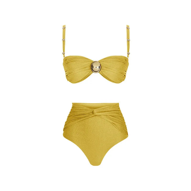 Women's high waist split bikini set in yellow or green nylon fabric for beach and swimming sports