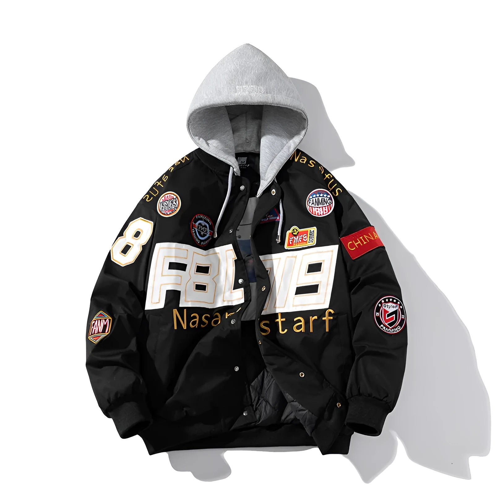 Black American motorcycle baseball jacket with side pockets, shown with detachable hood, for couple riding.