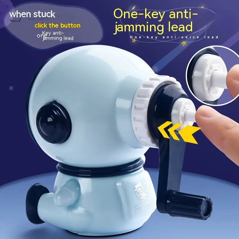 Cartoon astronaut manual pencil sharpener in blue or pink colours with three adjustable levels