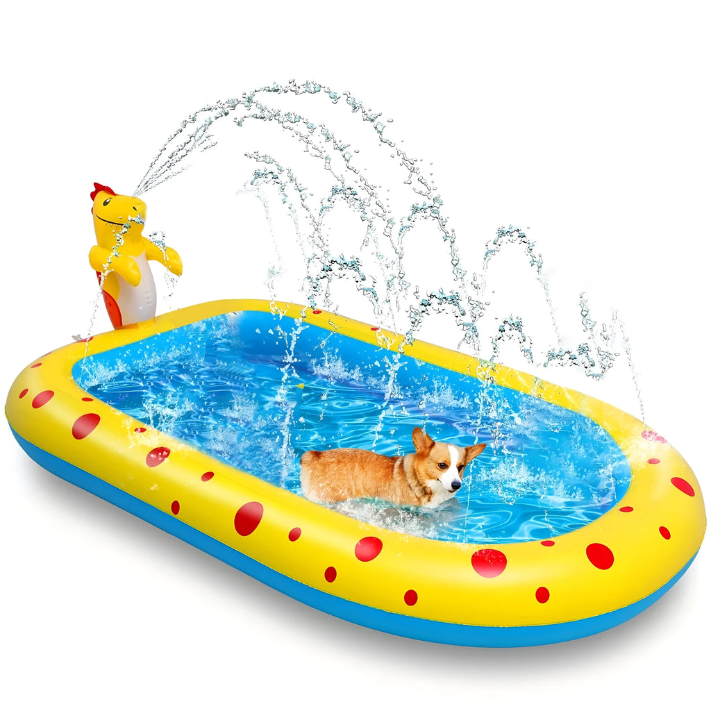 Blue and yellow dinosaur and shark themed large inflatable water spray pool for kids in a garden