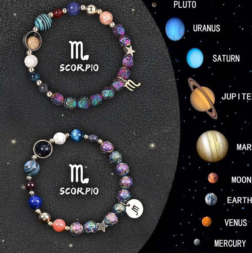Two natural stone zodiac bracelets with adjustable cords showing astrological symbol beads