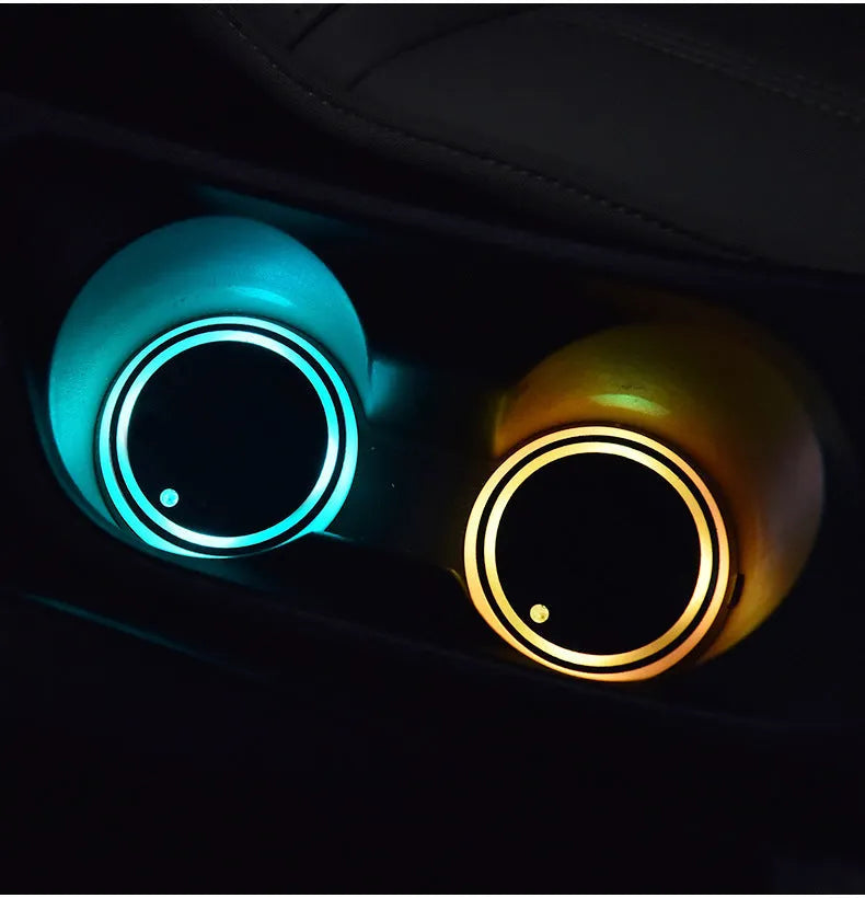LED light-up coaster for car cup holders showing colourful illumination and 68mm diameter