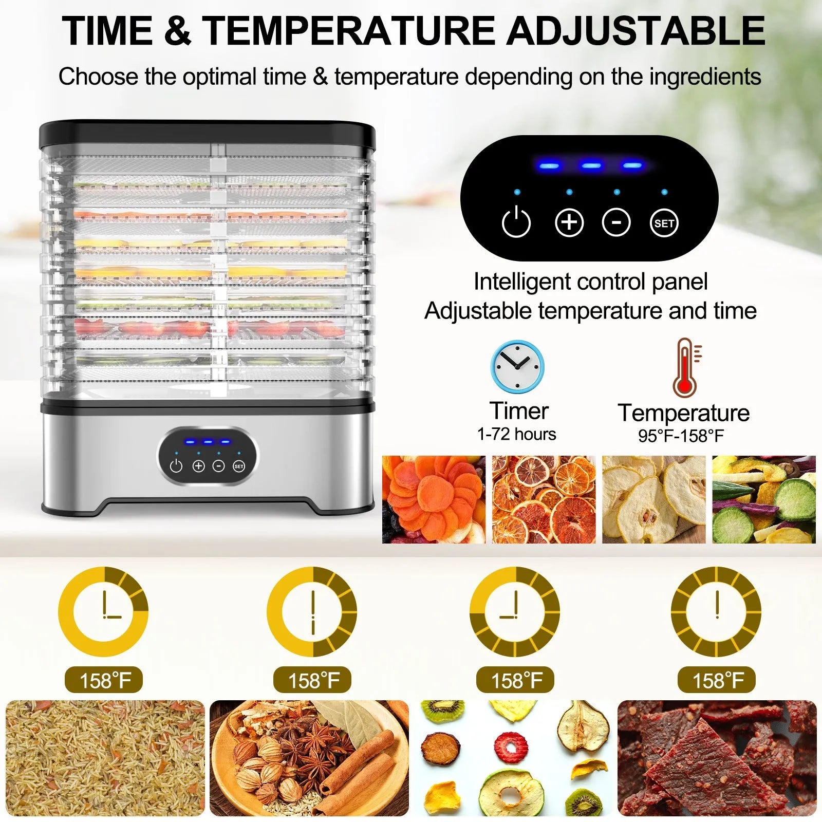 Silver and red household food dehydrator with 8 expandable drying trays.