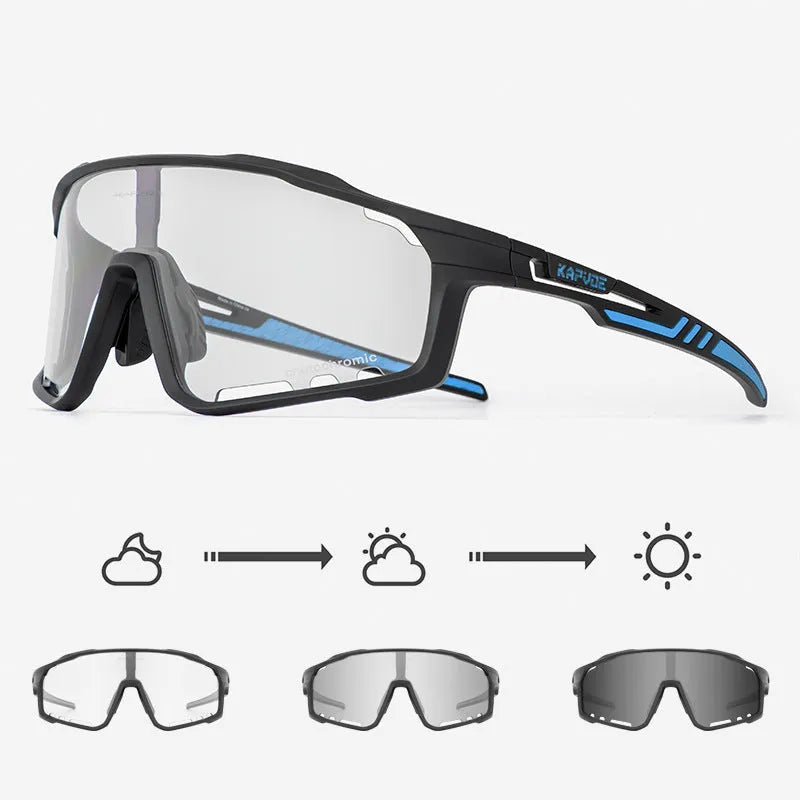 Photochromic cycling sunglasses with a semi-rimless TR90 frame on a solid colour background.
