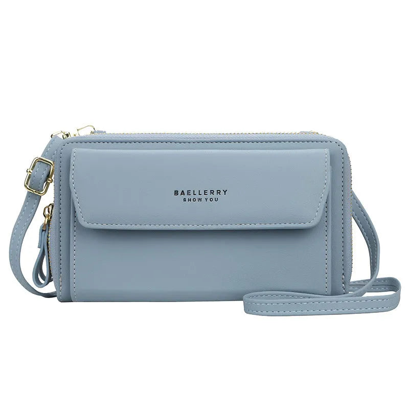 Soft PU leather long wallet with double zip closure in horizontal square shape showing colour options