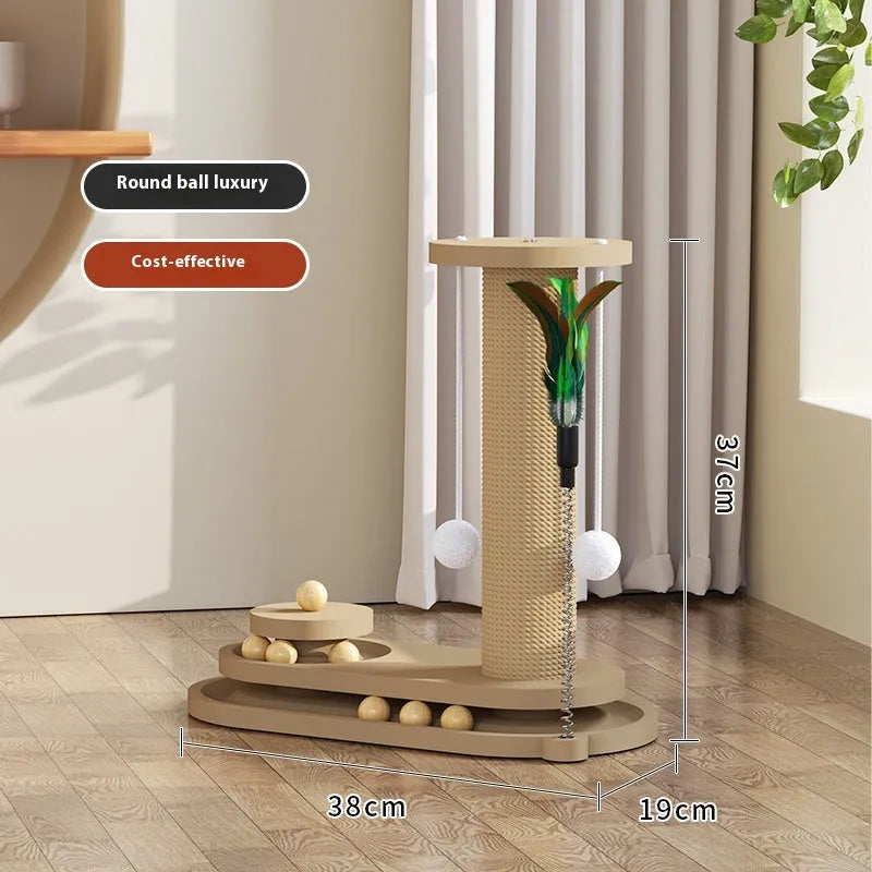 Solid wood cat scratching post with turntable climbing frame in multiple design variations