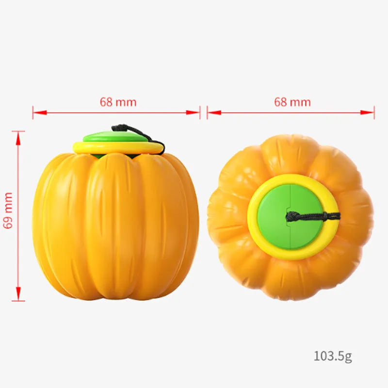 Plastic pumpkin-shaped dog ball with squeaker in green, orange and yellow for small dogs