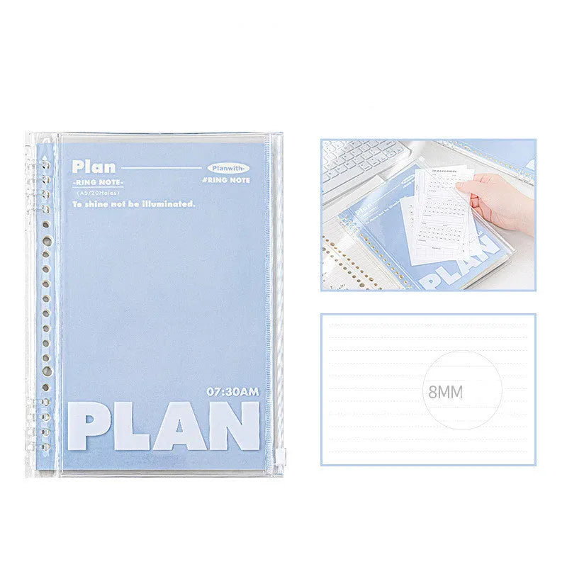 A5 PVC notebook organiser in blue colour showing transparent cover with loose papers inside