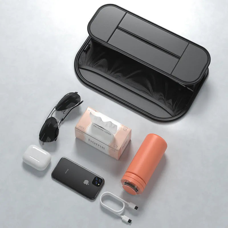 Black leather car seat back storage bag showing box design and dimensions.
