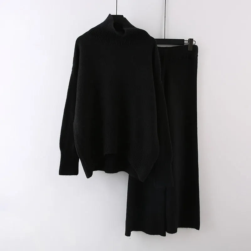 Women's casual acrylic fibre two-piece set with long-sleeve sweater and wide-leg trousers in solid colour.