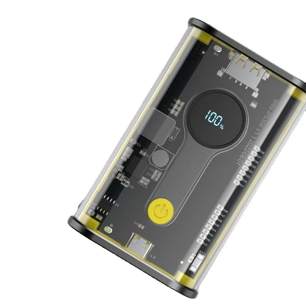 Transparent industrial cylindrical power bank with 10000mAh capacity in yellow colour