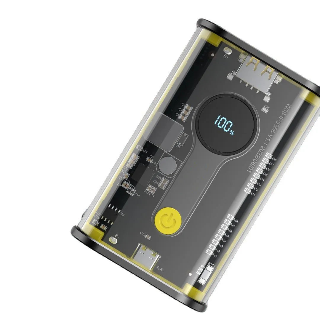 Transparent industrial cylindrical power bank with 10000mAh capacity in yellow colour