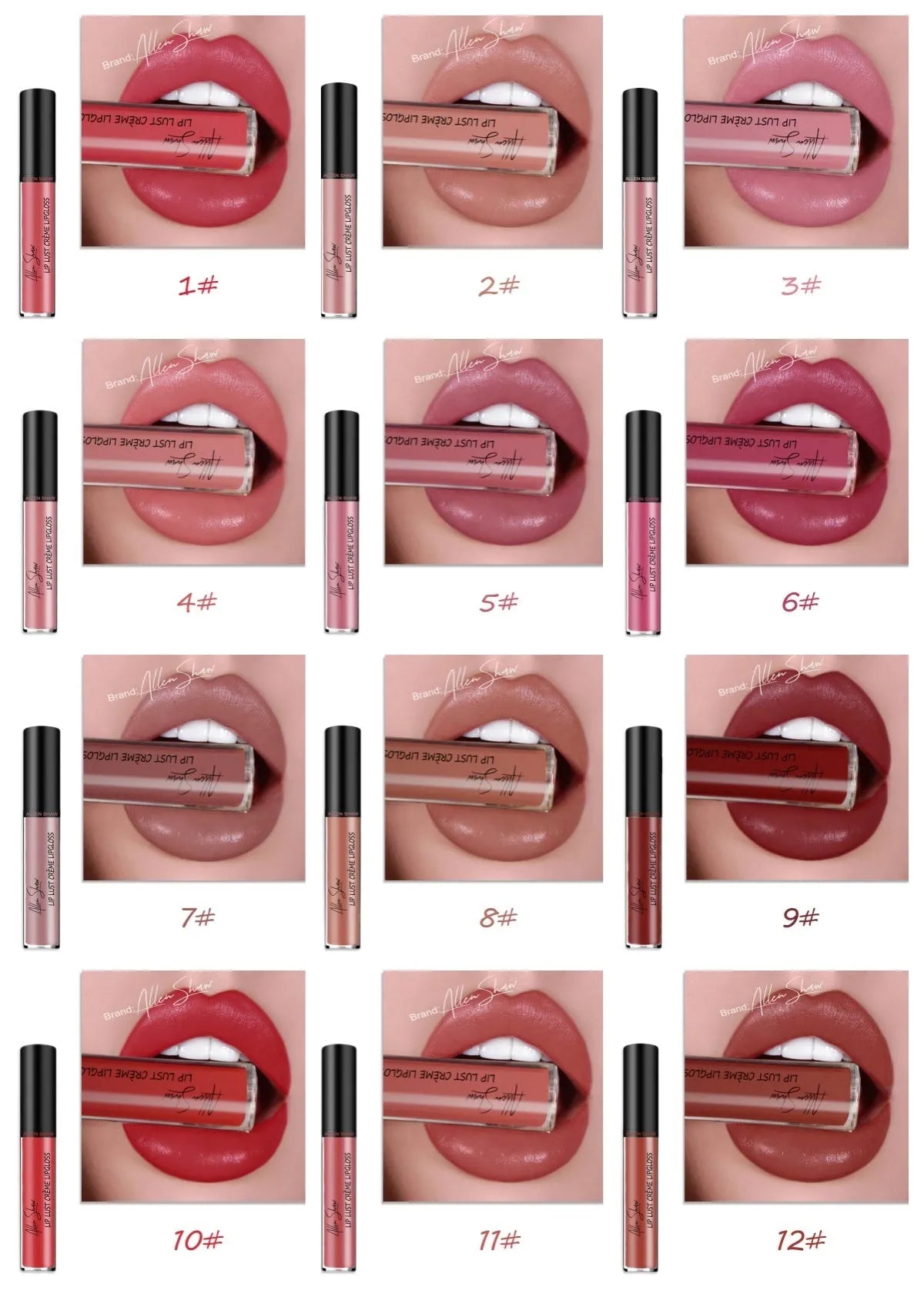 Silky cream texture lip gloss in a choice of 12 colours, shown with mineral-based ingredients.