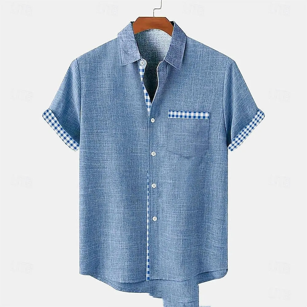 Linen short sleeve shirt with ocean fish pattern print on front, loose fit casual styling