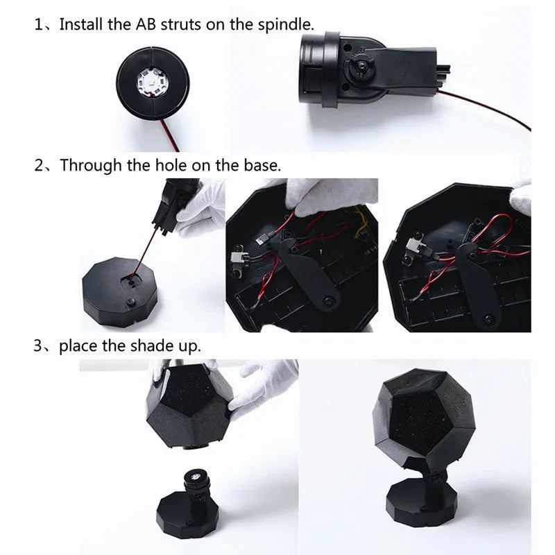 LED starry sky projector night lamp showing constellation projection on a bedroom ceiling.