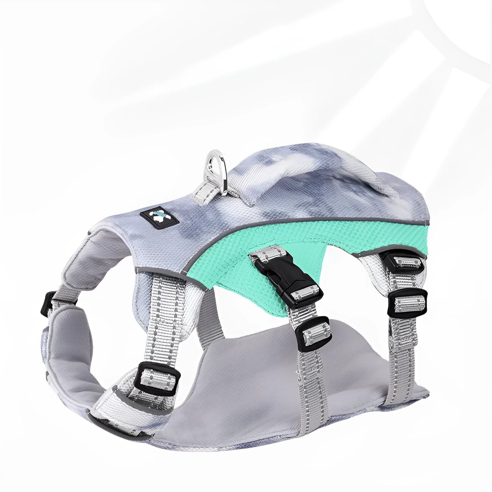 Reflective blue dog cooling vest chest strap harness with quick-release buckle on a grassy background.