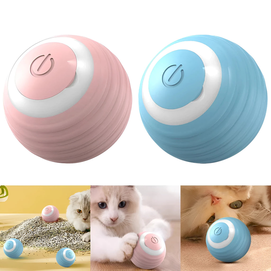 Blue automatic moving cat ball toy with USB charging cable for indoor feline entertainment