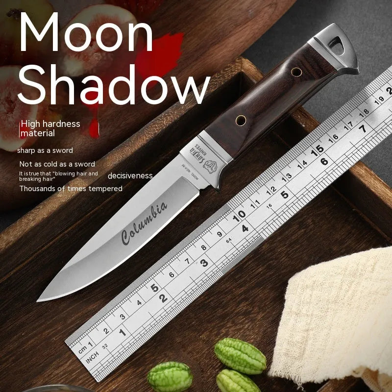 Stainless steel national style fruit knife shown with its brown leather protective case.