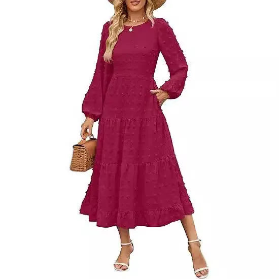 Women's long sleeve autumn dress with high waist and ruffle sleeves in solid colour