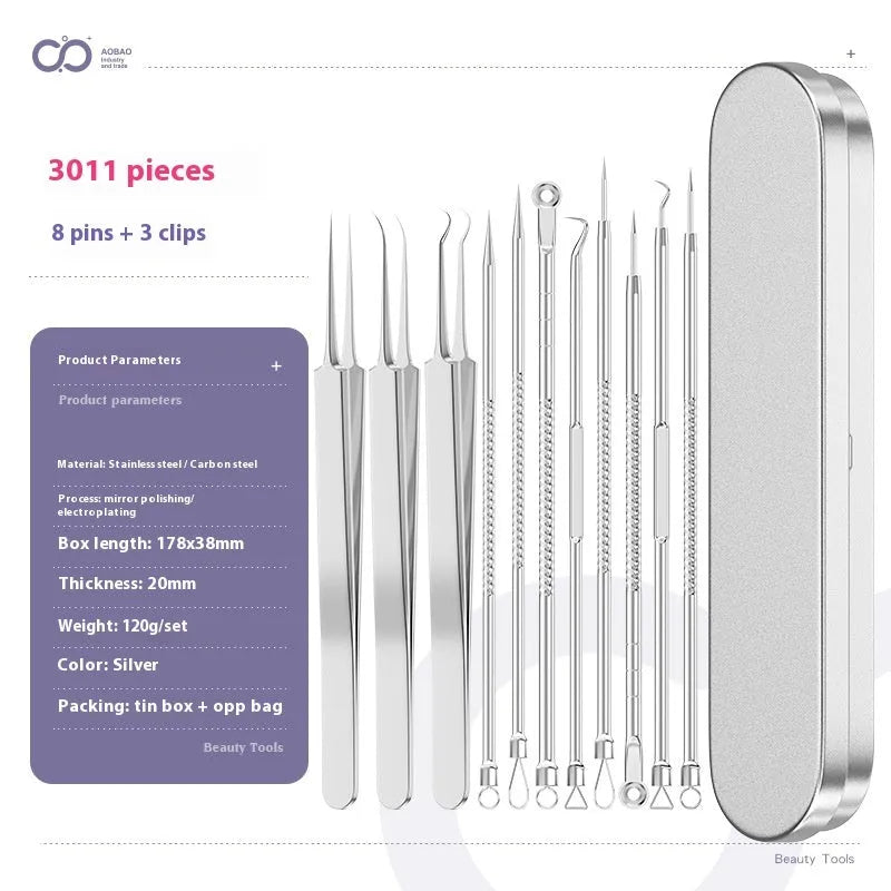 Four-piece metal acne needle set with ultra-fine pointed tips for blackhead removal