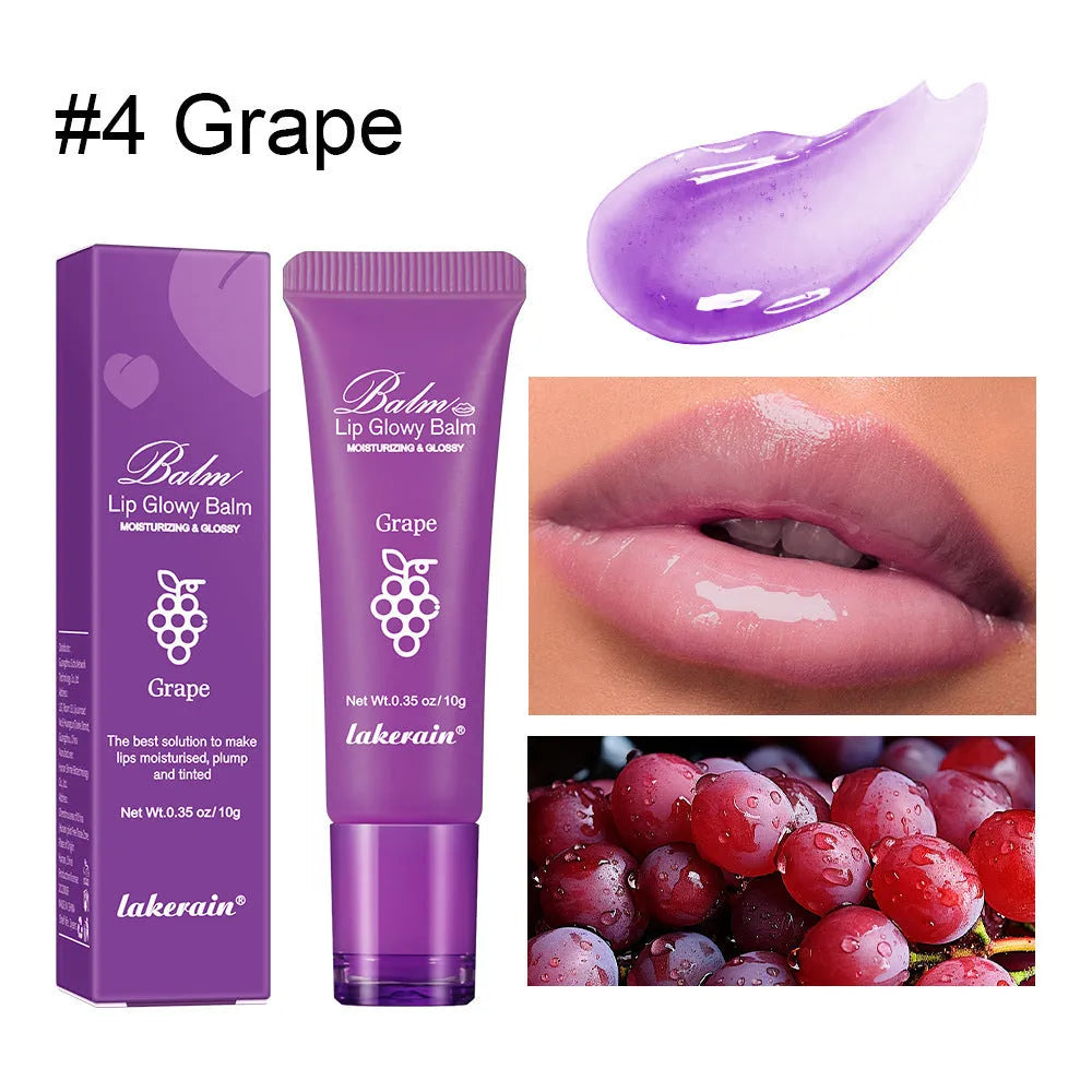 Women's lip gloss in berry, grape, grapefruit and yellow peach flavours with natural finish