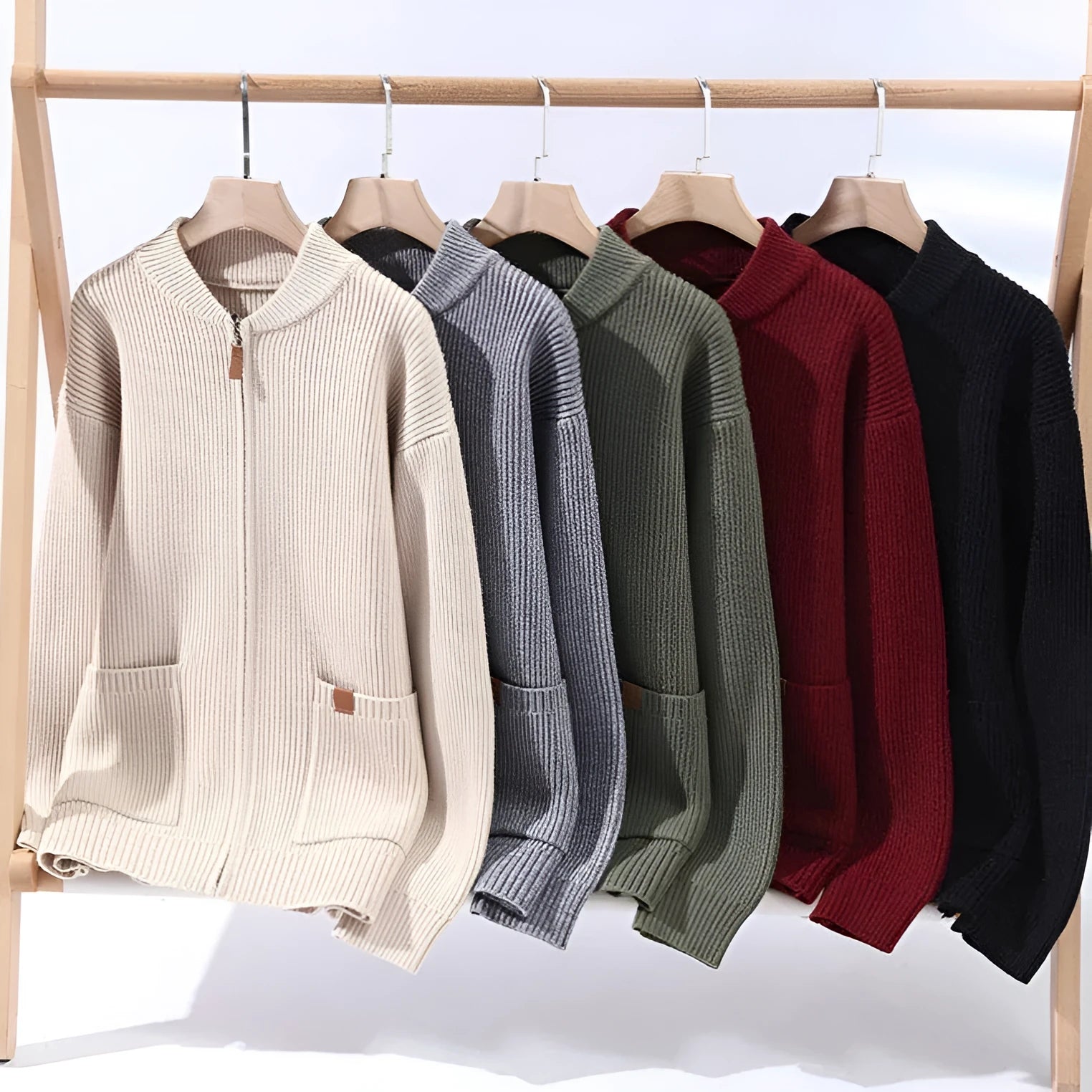 Men's striped sweater cardigan jacket in a polyvinyl alcohol fibre blend, shown in beige colour.