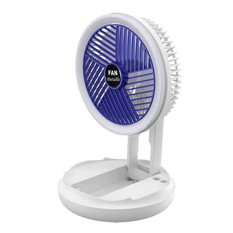 Blue foldable USB desk fan with LED light showing wall mount bracket and pen holder