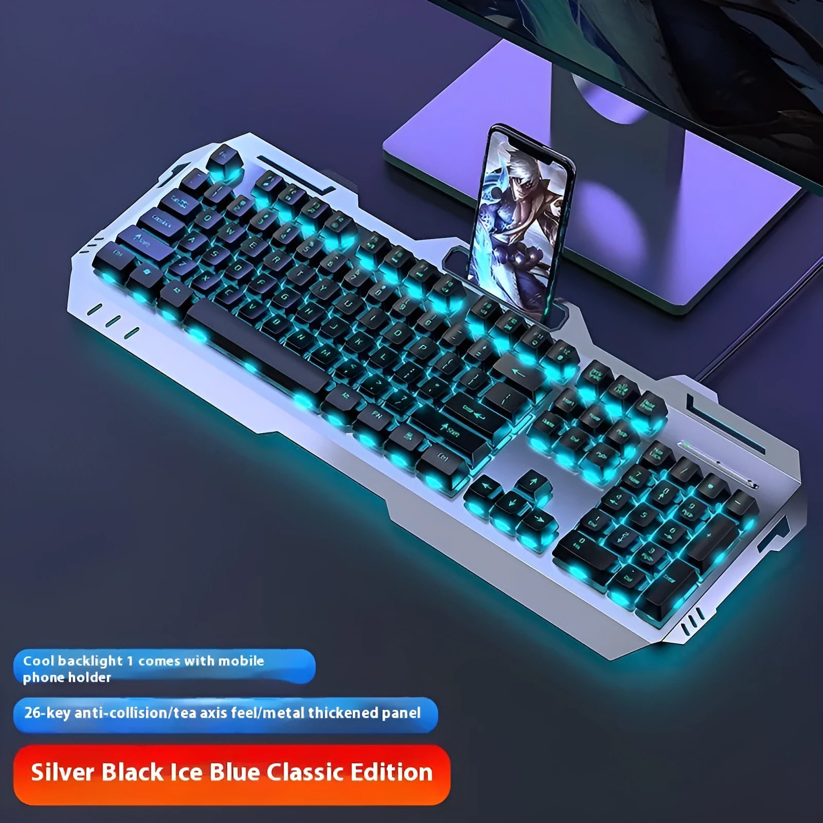 Aluminium mechanical-feel keyboard with control knob in silver black or metal grey colour with RGB lighting