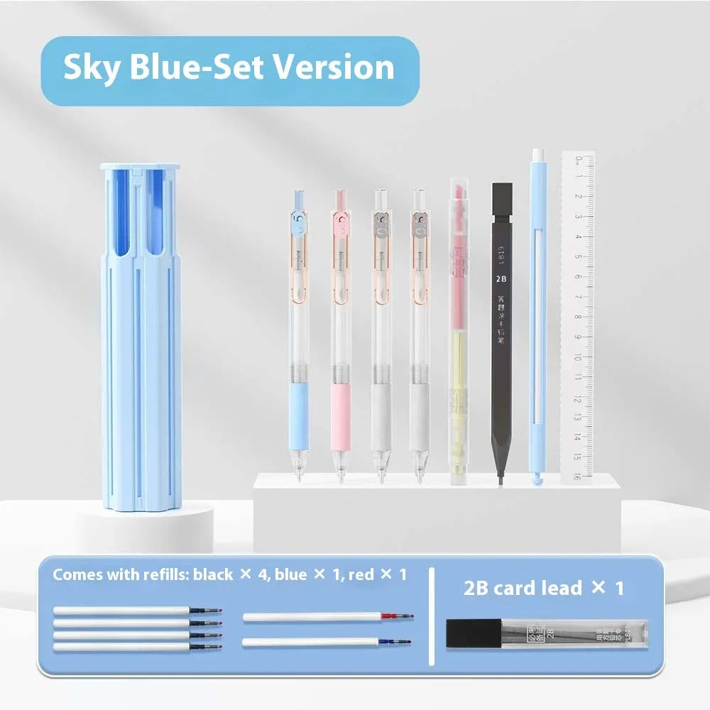 Plastic pencil case designed to hold six pens, shown in sky blue, white, and pink colour options.